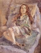 Jules Pascin The red hair girl wearing  green dress oil painting reproduction